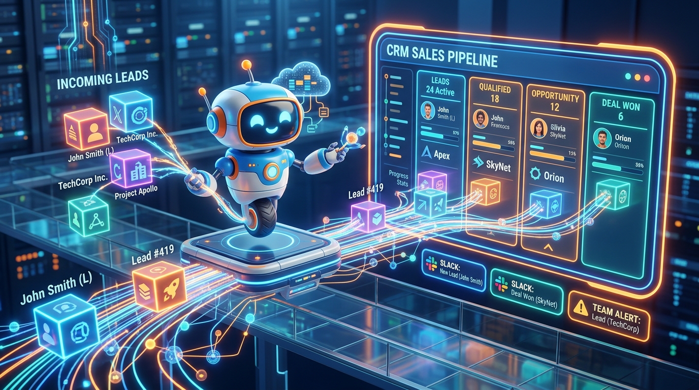 Intelligent AI robot bot routing incoming website form leads into a holographic CRM sales pipeline dashboard with automated Slack alerts