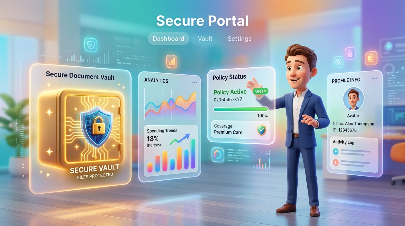 3D cartoon businessman with floating glassmorphic customer portal dashboard cards, policy status, and secure encrypted document vault