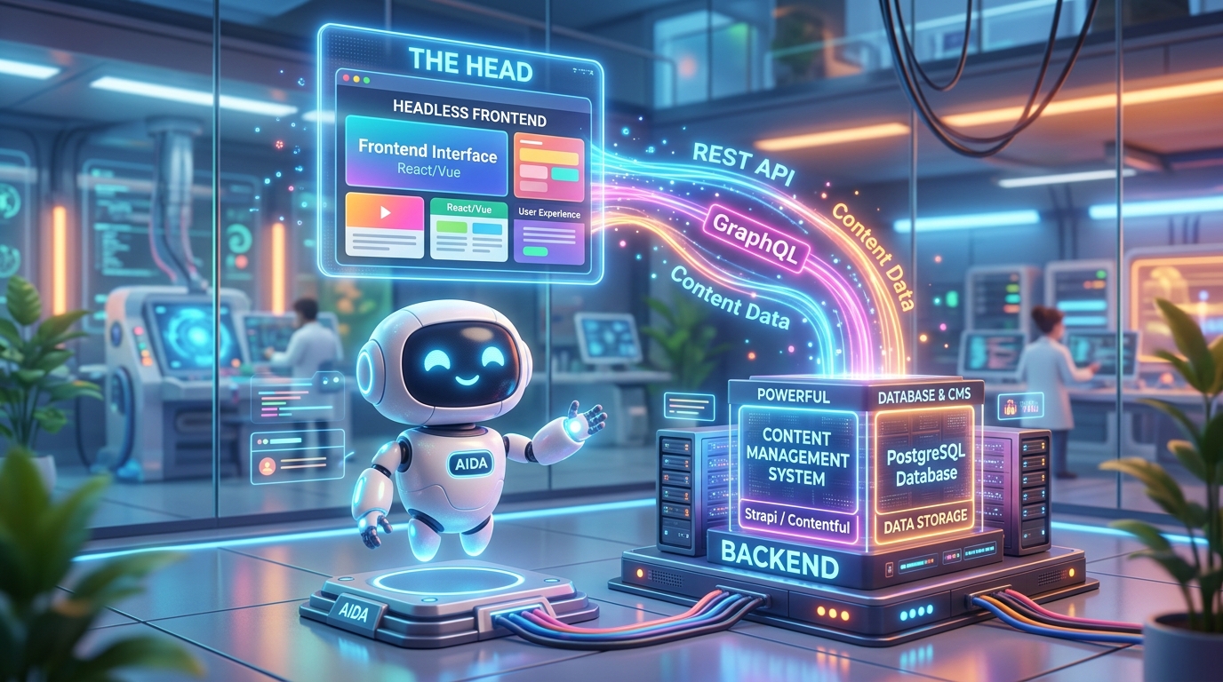 Cute AI robot bot presenting decoupled headless website architecture with floating frontend screen and backend CMS