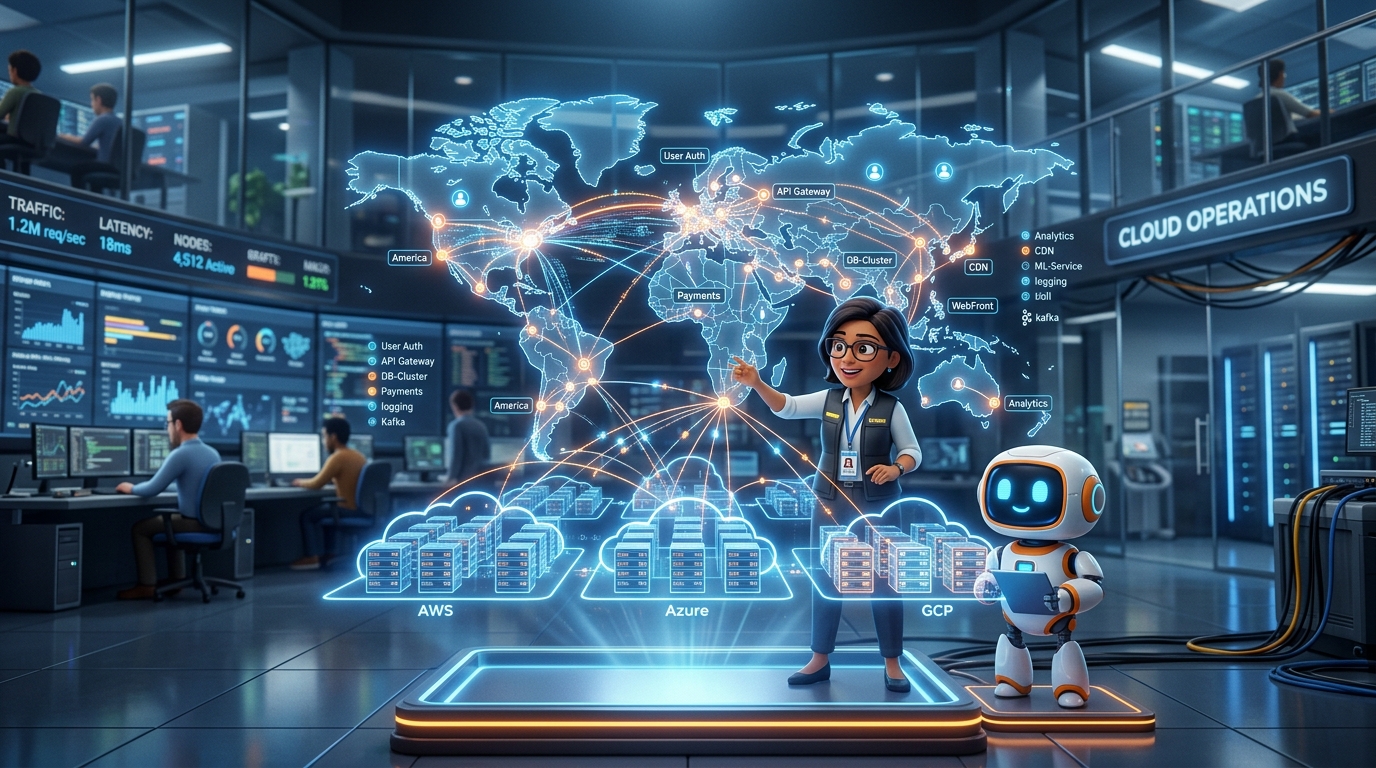 Enterprise cloud operations command center with cartoon software architect and AI bot orchestrating global high-traffic systems