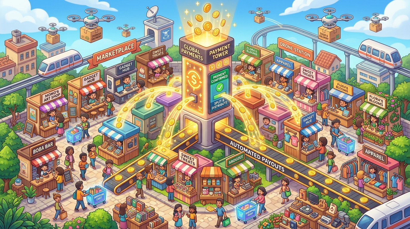 Vibrant 3D isometric digital marketplace city with multiple cartoon vendor stalls, shopping carts, delivery drones, and automated split payment tower