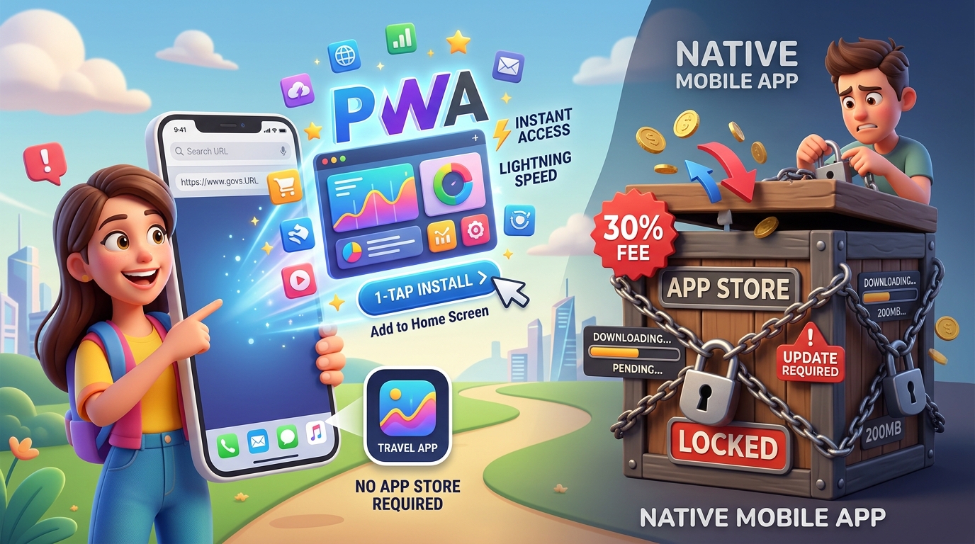 3D cartoon comparison of 1-tap install Progressive Web App smartphone versus heavy locked 30 percent fee native mobile app box